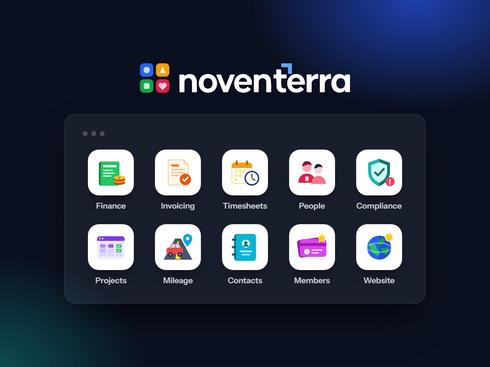 The NovenTerra app launcher: Finance, Invoicing, Timesheets, People, Compliance, Projects, Mileage, Contacts, Members and Website